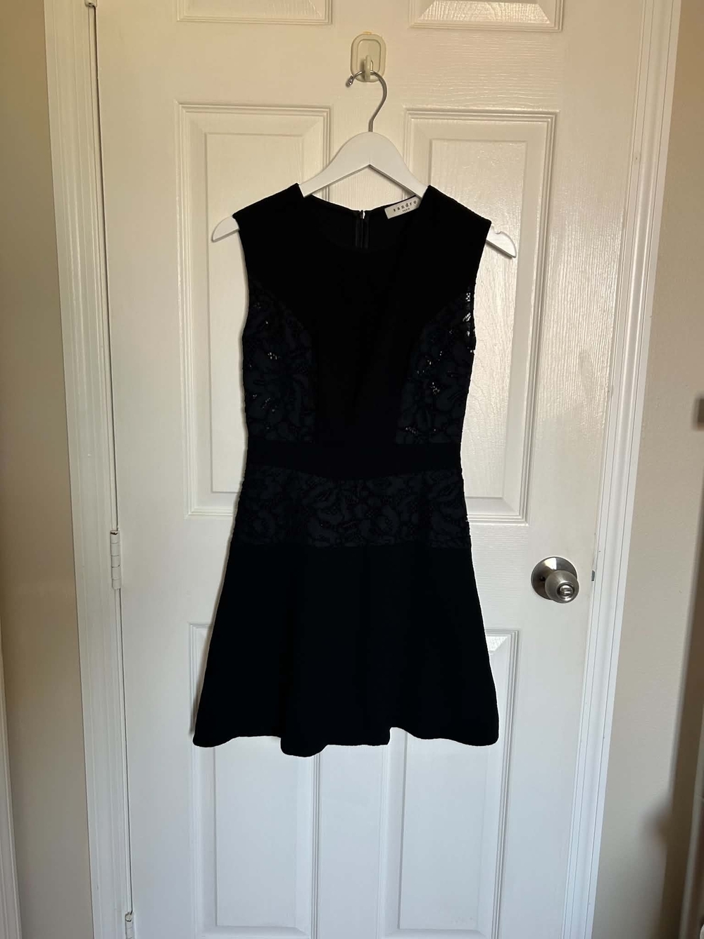 Sandro Paris Sleeveless Black Lace-Panel Mini Dress